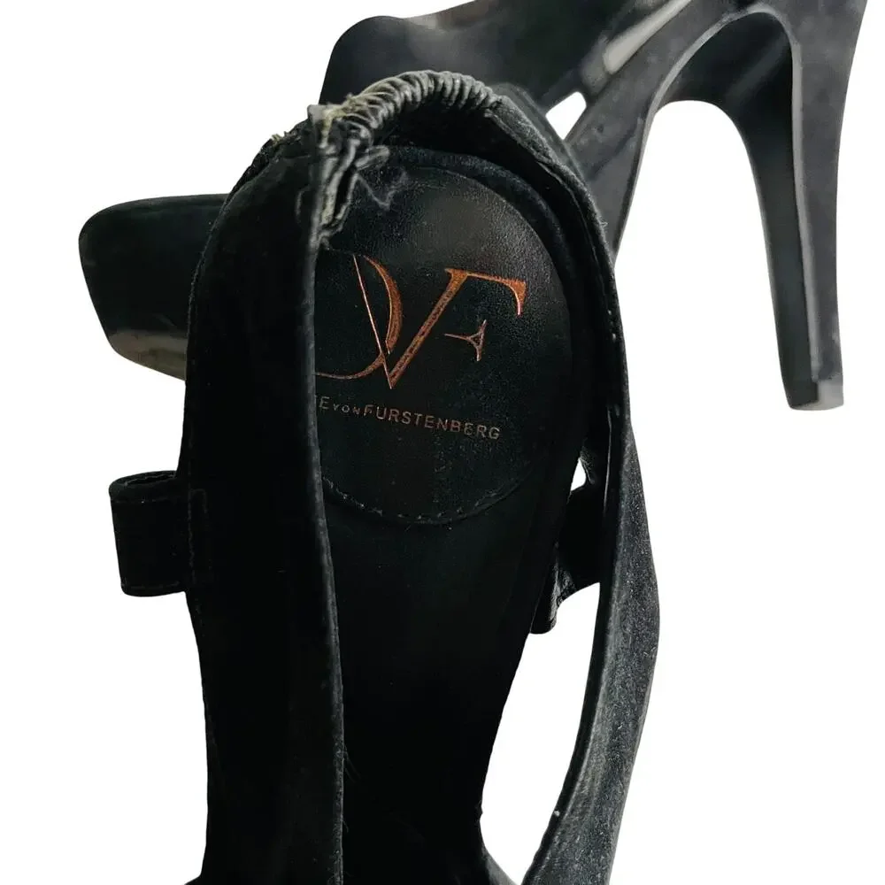 DVF Suede Criss Cross Open Toe Heel 6 Black Sandal Chunky Dance Party